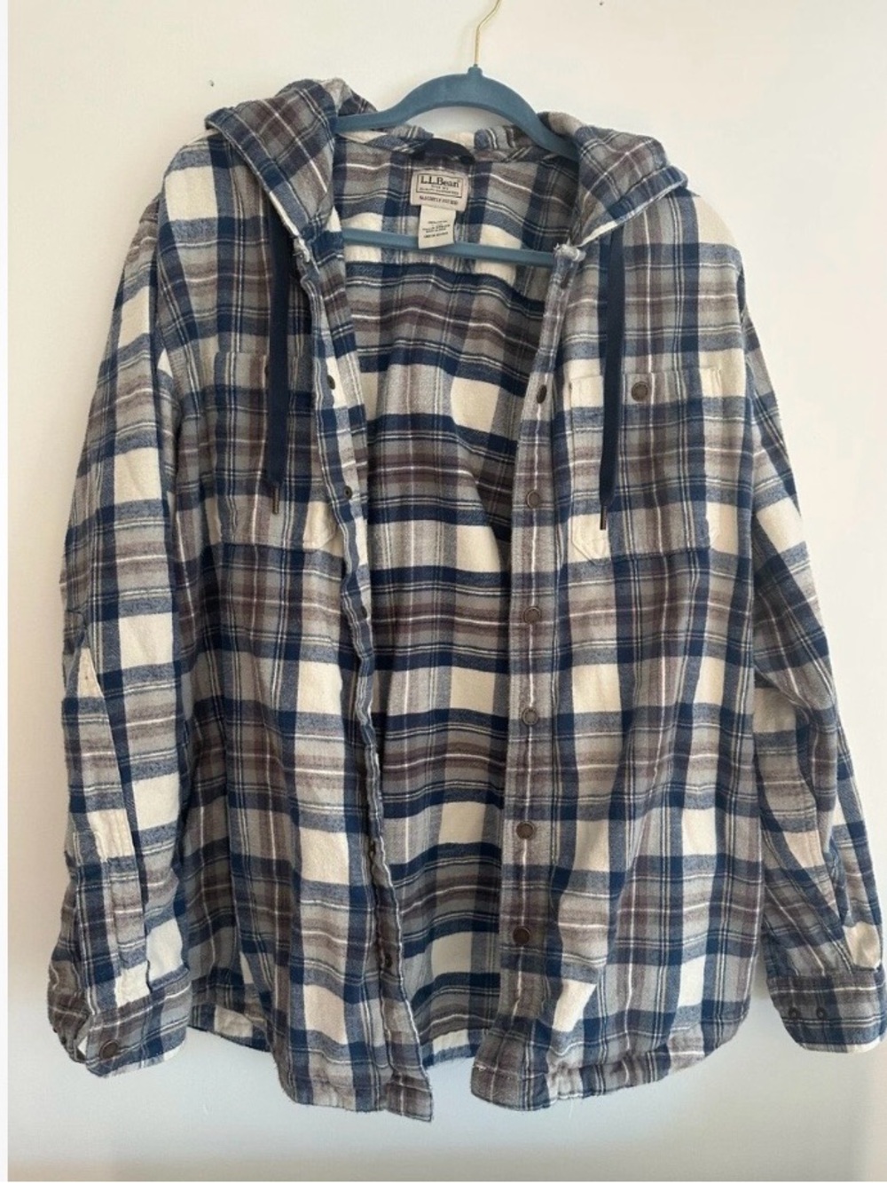 Vintage L.L. Bean Men's Hooded Plaid Flannel in Blue & Gray